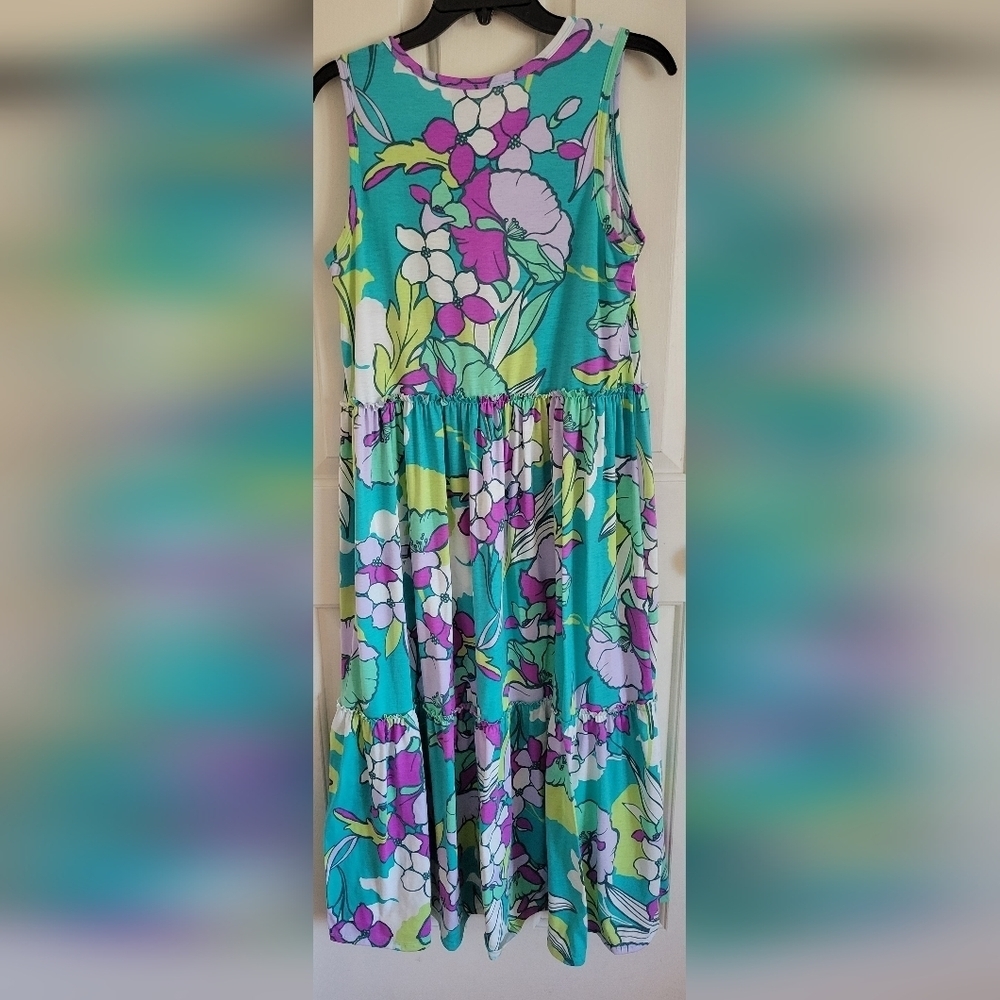 Emma & Michelle Maxi Dress Aqua Green Purple Tropical Sleeveless Size Medium - Picture 3 of 4